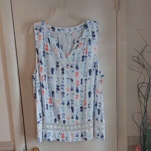 Crown & Ivy White Multi Pineapple Pull Over Sleeveless Casual Blouse Sz XXL